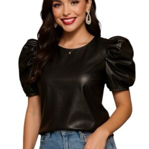 Black Faux Leather Puff Sleeve Blouse Sz‎ S Fall Statement Minimalist TCEC